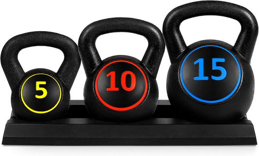 3-Piece Kettlebell Set with Storage Rack – 5 lb, 10 lb, 15 lb HDPE-Coated Concrete Weights for Strength Training and Home Gym