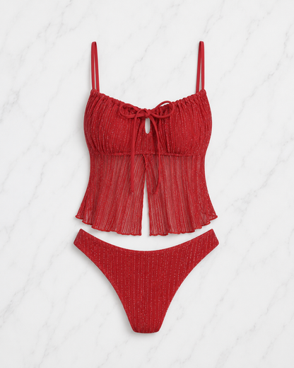 Red Sequin Square Neck Tankini Set