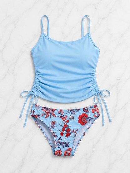 Tummy Control Drawstring Printed Tankini Set