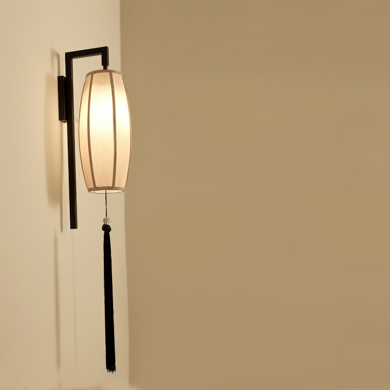 Ostara Chinese-Style Painted Fabric Lantern Wall Sconce with Tassel for Hallway