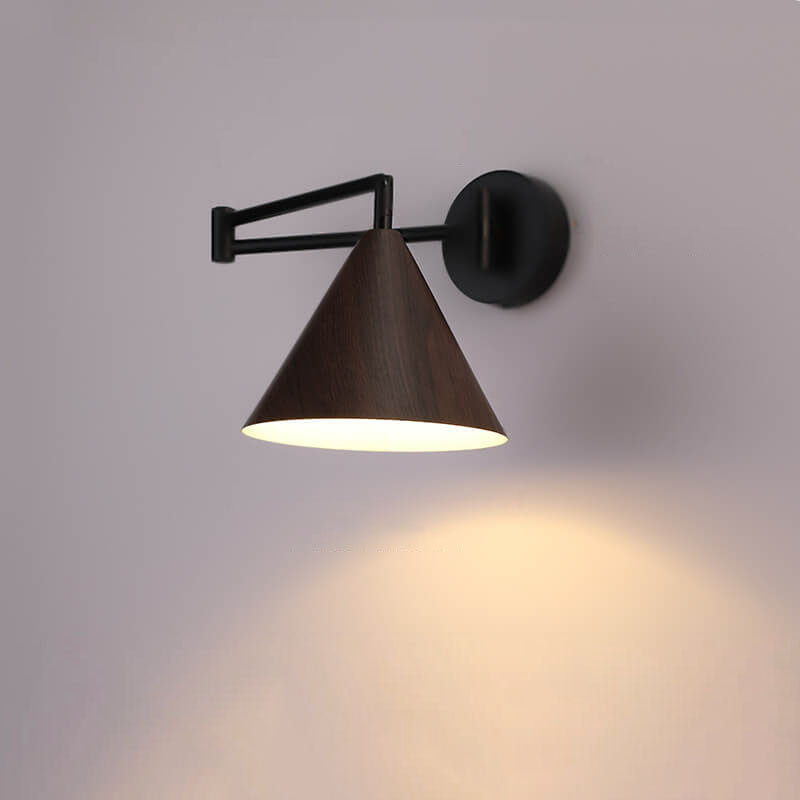 Pemberly Minimalist Wood-Tone Iron Swing Arm Wall Sconce for Bedside Reading