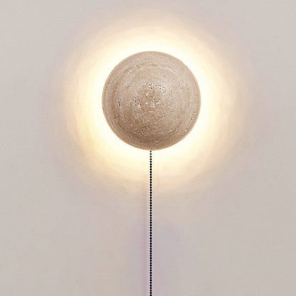 Mirabeau Japanese Yellow Travertine Round LED Wall Sconce for Wabi-Sabi Hallway Decor