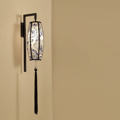 Ostara Chinese-Style Painted Fabric Lantern Wall Sconce with Tassel for Hallway