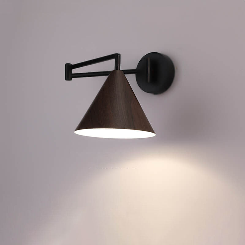 Pemberly Minimalist Wood-Tone Iron Swing Arm Wall Sconce for Bedside Reading