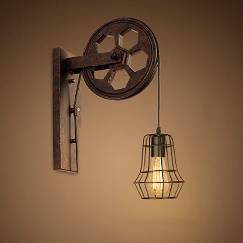 Novarielle Vintage Iron and Wood Pulley Wall Sconce for Rustic Hallway Lighting