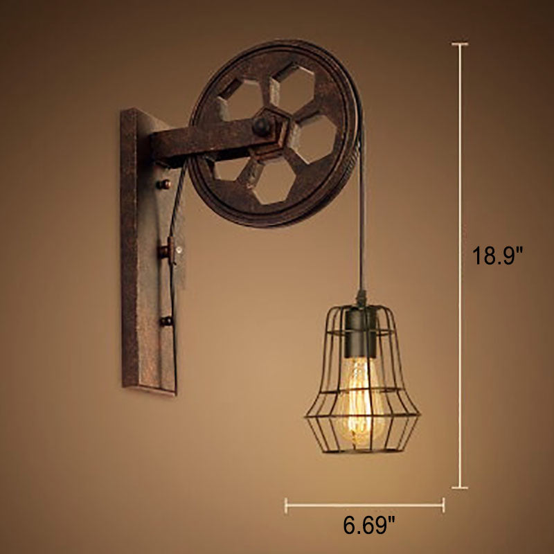 Novarielle Vintage Iron and Wood Pulley Wall Sconce for Rustic Hallway Lighting
