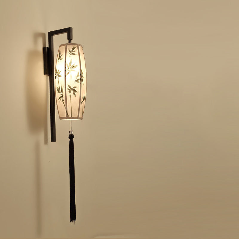 Ostara Chinese-Style Painted Fabric Lantern Wall Sconce with Tassel for Hallway