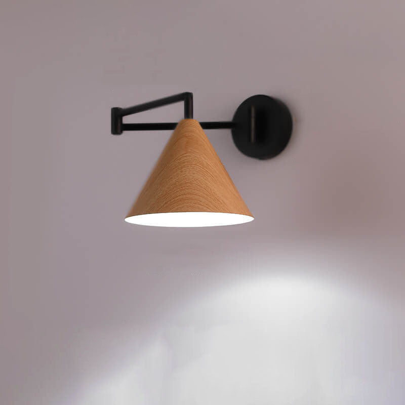 Pemberly Minimalist Wood-Tone Iron Swing Arm Wall Sconce for Bedside Reading