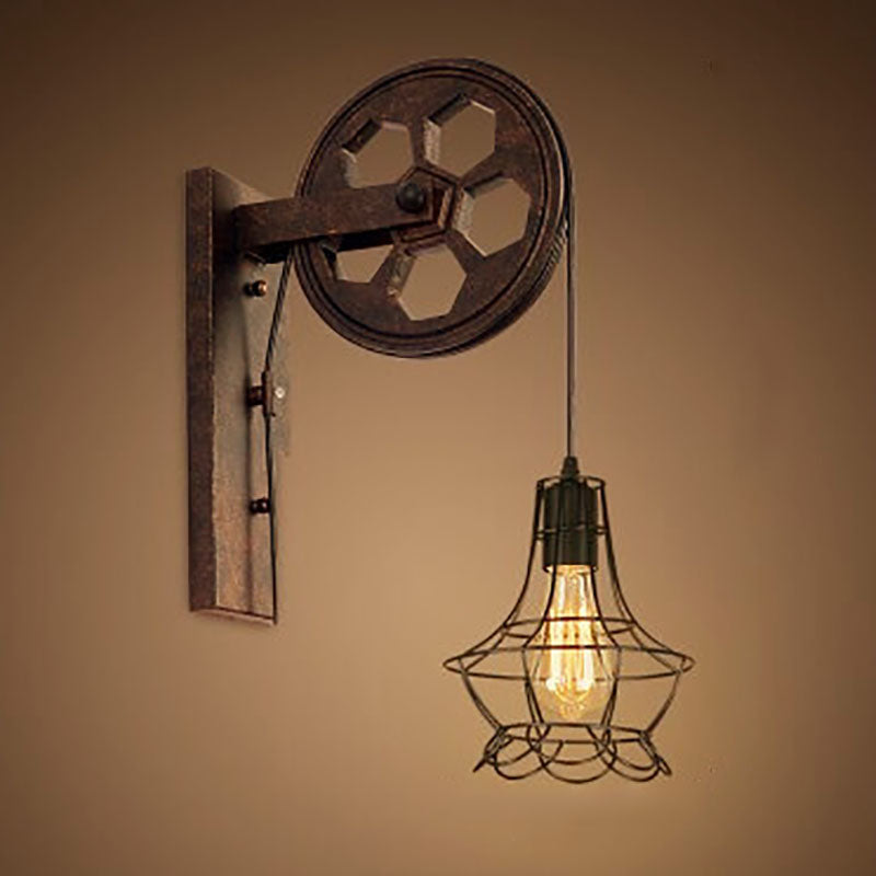 Novarielle Vintage Iron and Wood Pulley Wall Sconce for Rustic Hallway Lighting