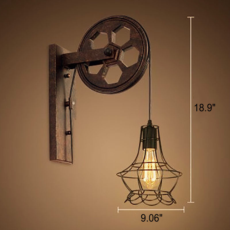 Novarielle Vintage Iron and Wood Pulley Wall Sconce for Rustic Hallway Lighting