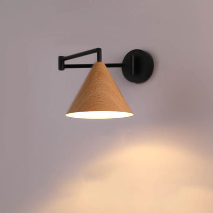 Pemberly Minimalist Wood-Tone Iron Swing Arm Wall Sconce for Bedside Reading