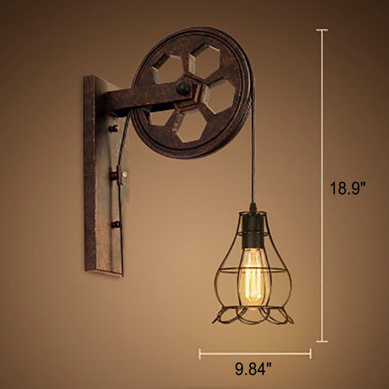 Novarielle Vintage Iron and Wood Pulley Wall Sconce for Rustic Hallway Lighting