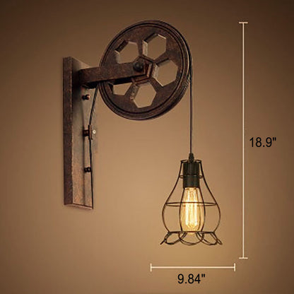 Novarielle Vintage Iron and Wood Pulley Wall Sconce for Rustic Hallway Lighting