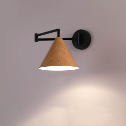 Pemberly Minimalist Wood-Tone Iron Swing Arm Wall Sconce for Bedside Reading