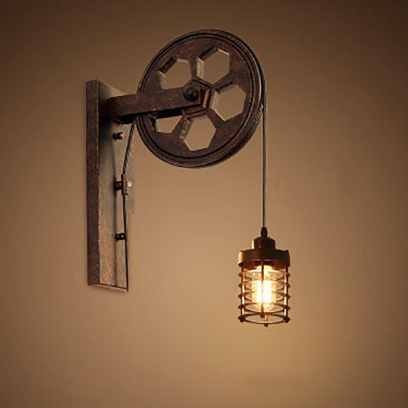 Novarielle Vintage Iron and Wood Pulley Wall Sconce for Rustic Hallway Lighting
