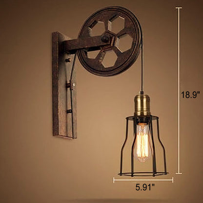 Novarielle Vintage Iron and Wood Pulley Wall Sconce for Rustic Hallway Lighting