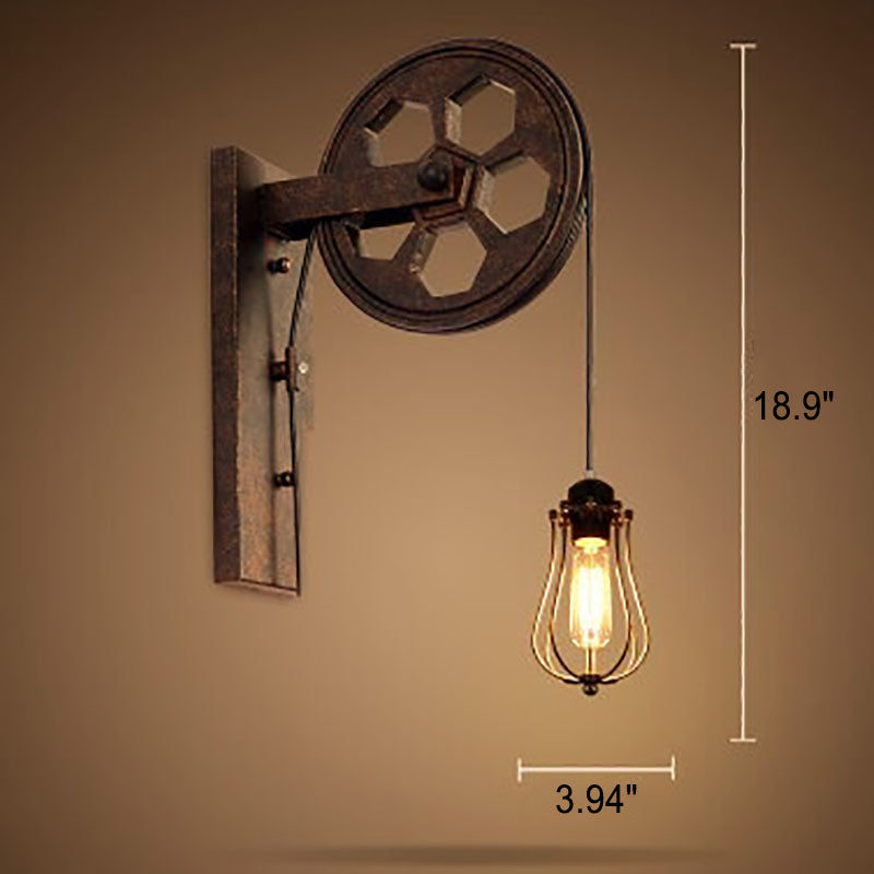 Novarielle Vintage Iron and Wood Pulley Wall Sconce for Rustic Hallway Lighting