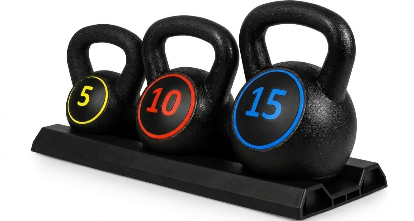 3-Piece Kettlebell Set with Storage Rack – 5 lb, 10 lb, 15 lb HDPE-Coated Concrete Weights for Strength Training and Home Gym