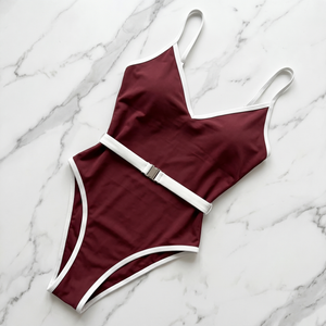 Burgundy V-Neck Bralette One-Piece Swimsuit - image 5