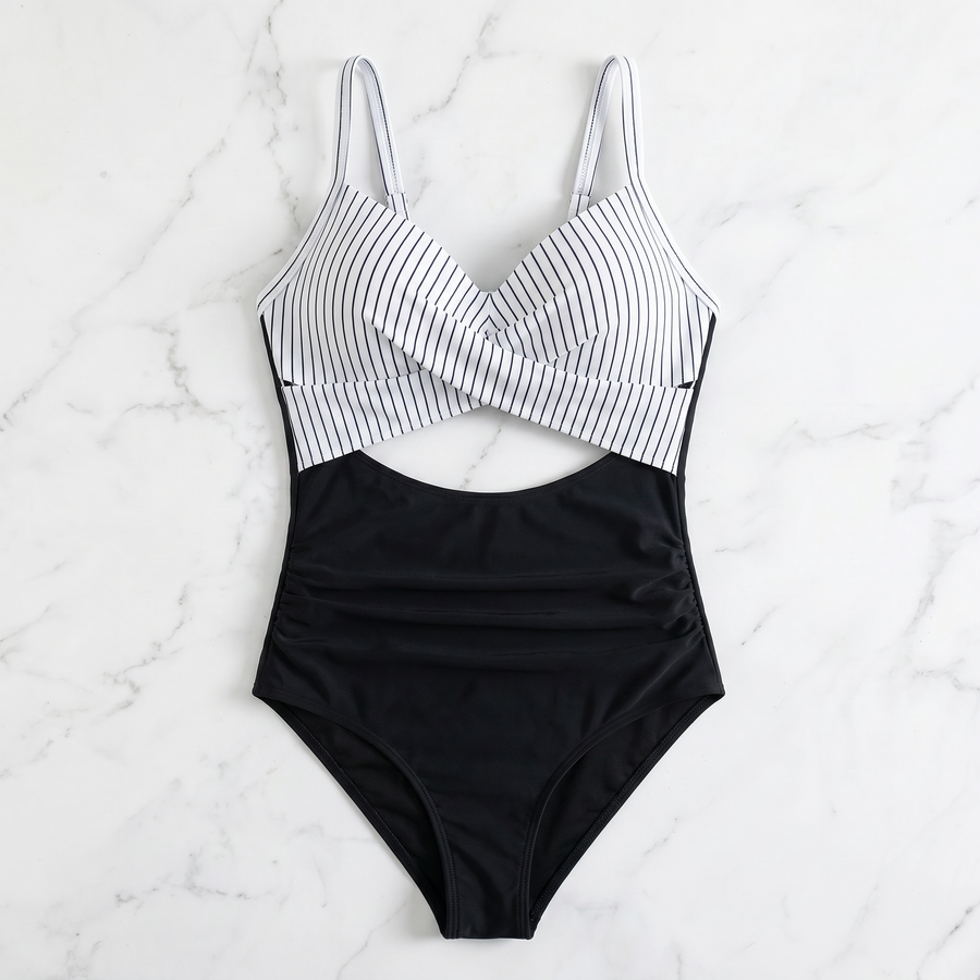 High-Waisted Cutout Tummy Control One-Piece Swimsuit — Striped Women's Swimwear
