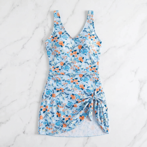 Light Blue Floral Print Tummy Control Swimdress