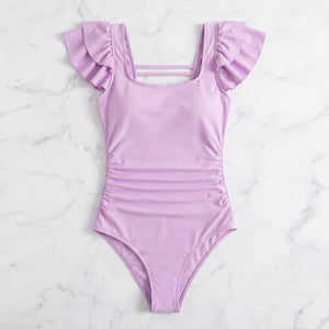 Lavender Square-Neck Ruffle One-Piece