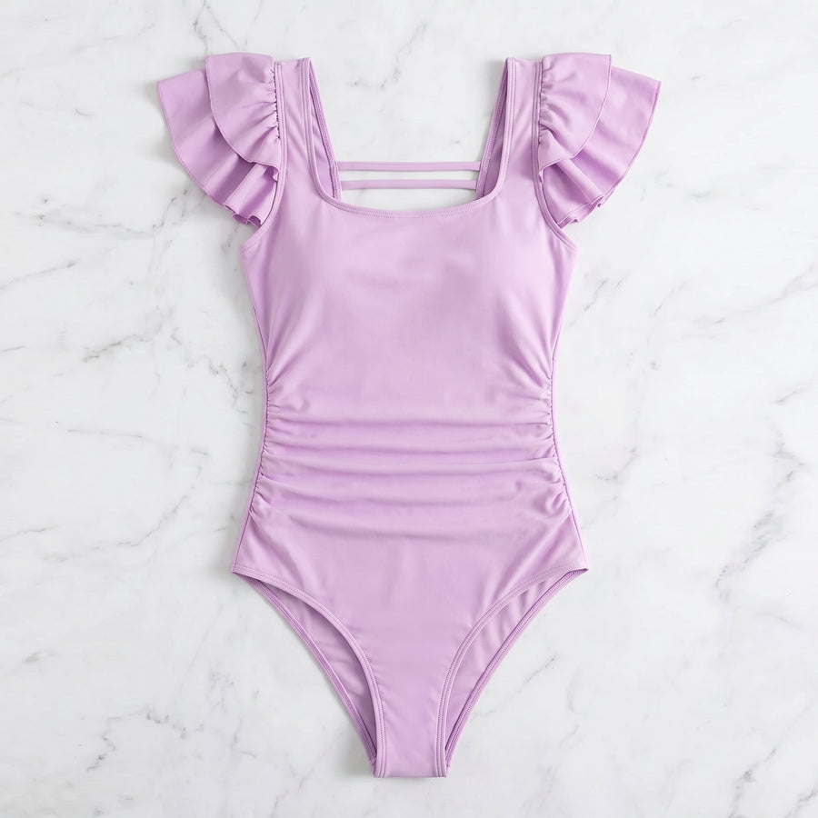 Lavender Square-Neck Ruffle One-Piece