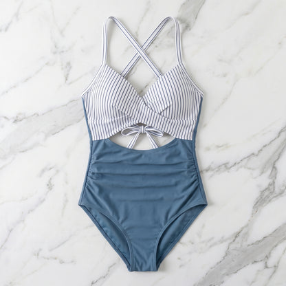 Blue Stripe High-Waisted Tummy Control One-Piece