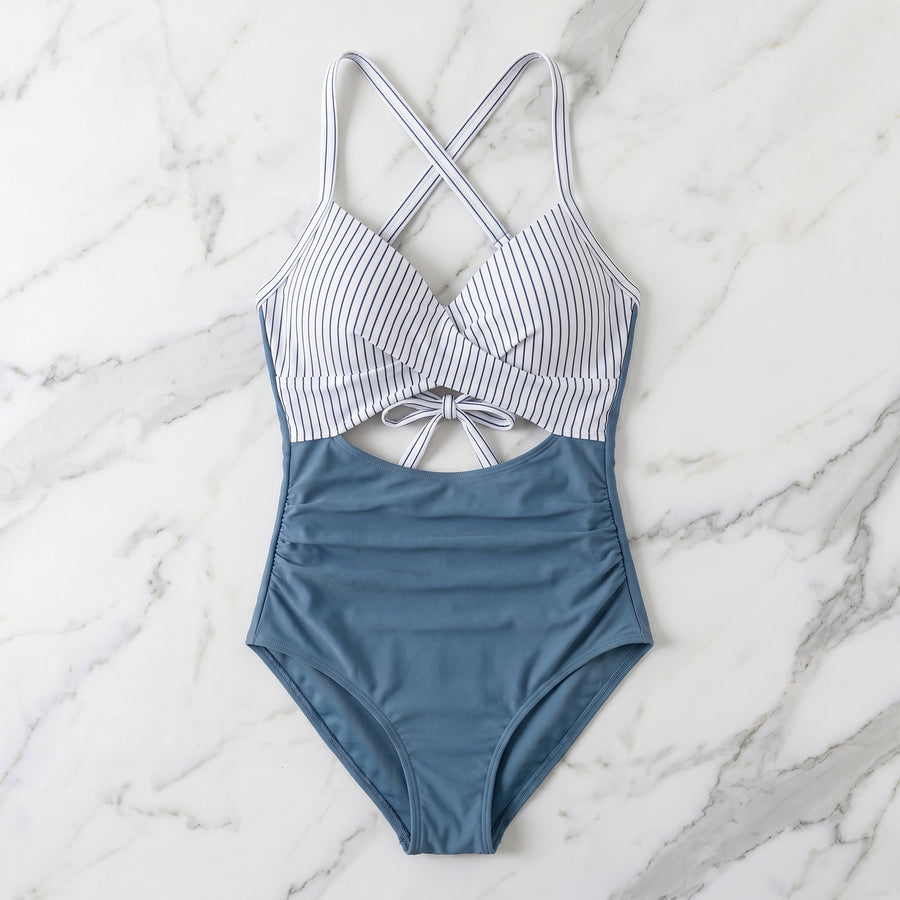 Blue Stripe High-Waisted Tummy Control One-Piece