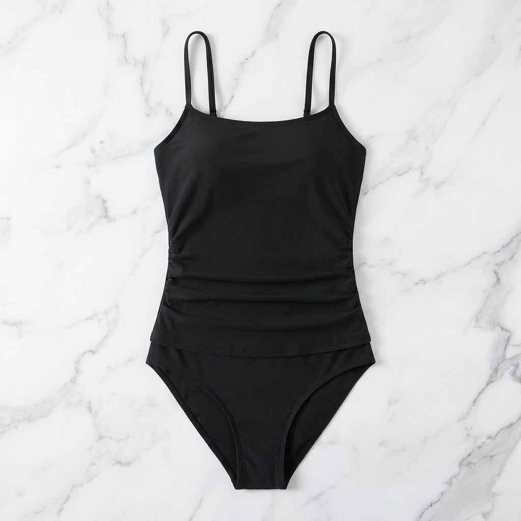 Black Tummy Control Ruched Tankini Set