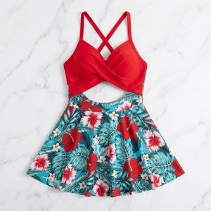 Floral High-Waisted Tummy Control Cutout Swimdress for Women