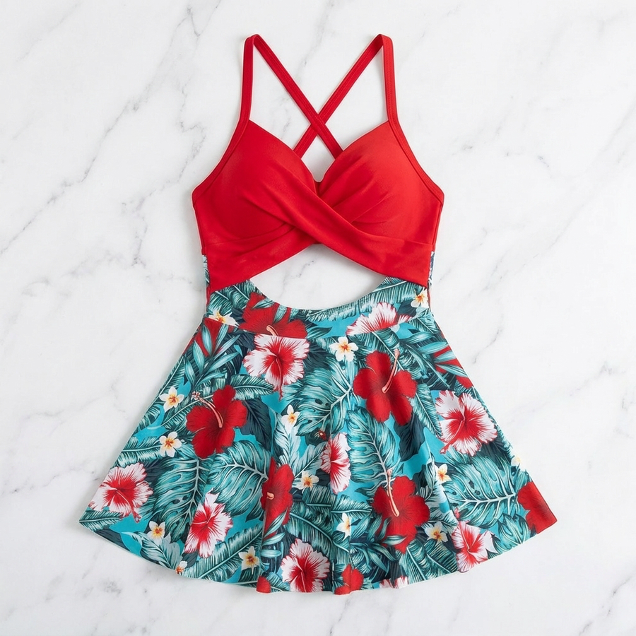 Floral High-Waisted Tummy Control Cutout Swimdress for Women