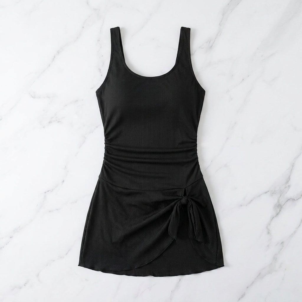 Black Tummy Control Ribbed Swimdress