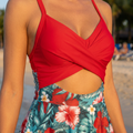 Floral High-Waisted Tummy Control Cutout Swimdress for Women
