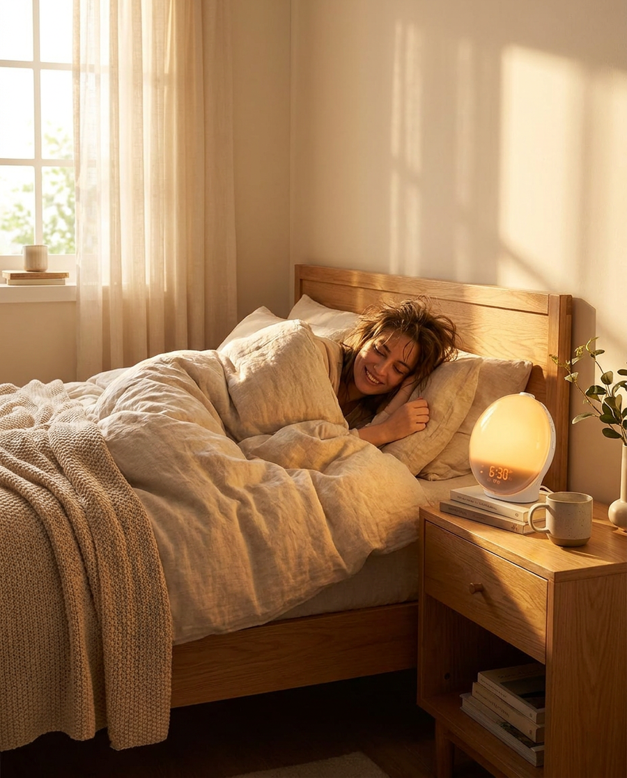Sunrise Simulation Alarm Clock Secondary Lifestyle - cozy bedroom with warm golden sunrise light filling room