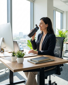 Smart Water Bottle Hero - woman at desk sipping from smart water bottle with hydration reminder