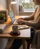 Smart Ceramic Mug Warmer Hero - person at home desk with mug on warmer keeping coffee warm
