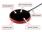 Smart Ceramic Mug Warmer Feature Highlight - auto shut-off, gravity sensor, 55C constant temp, USB powered