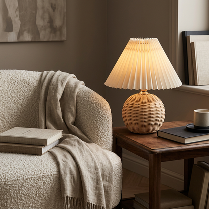Vionna Rattan Pleated Cone LED Table Lamp Cordless Dimmable Light for Bedroom