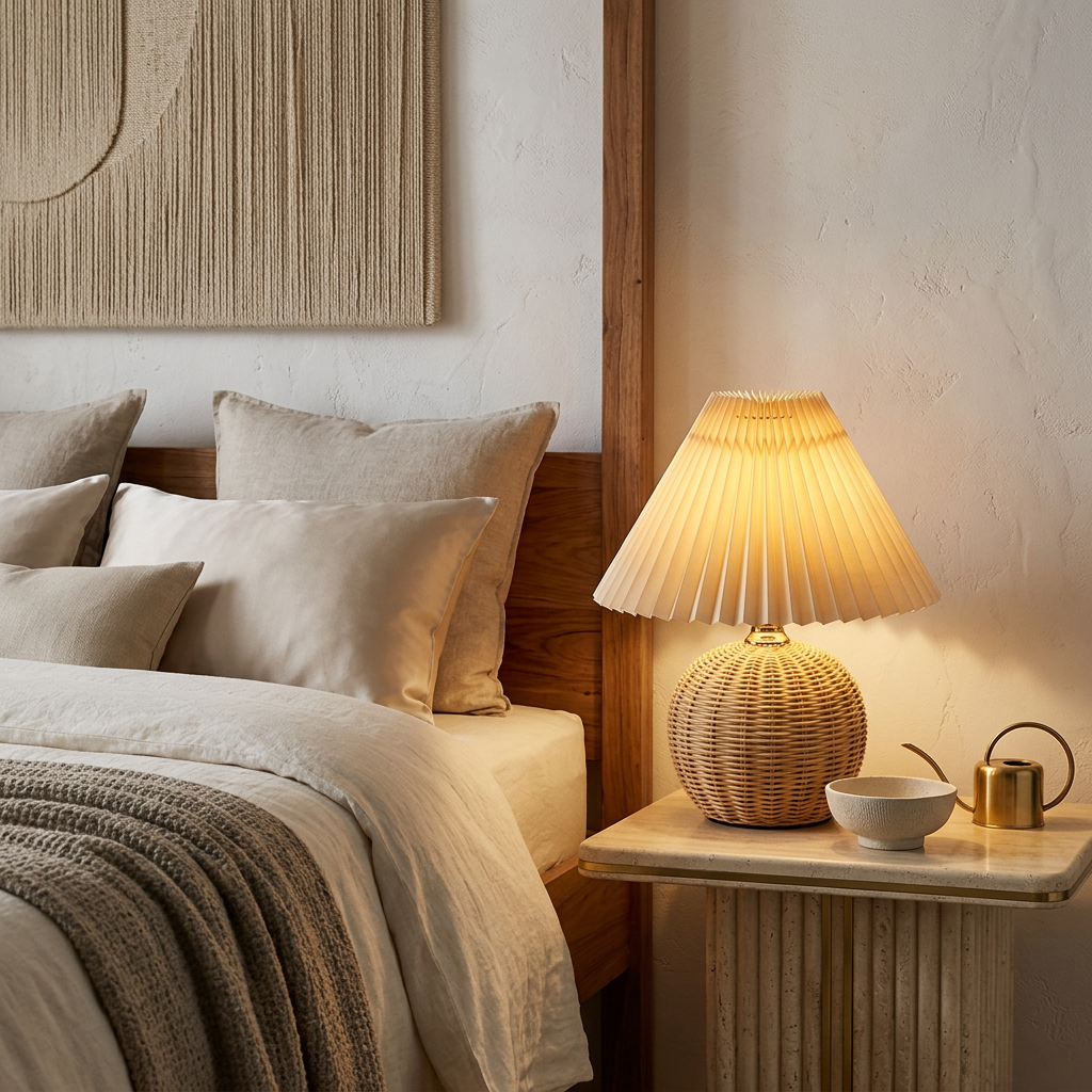 Vionna Rattan Pleated Cone LED Table Lamp Cordless Dimmable Light for Bedroom