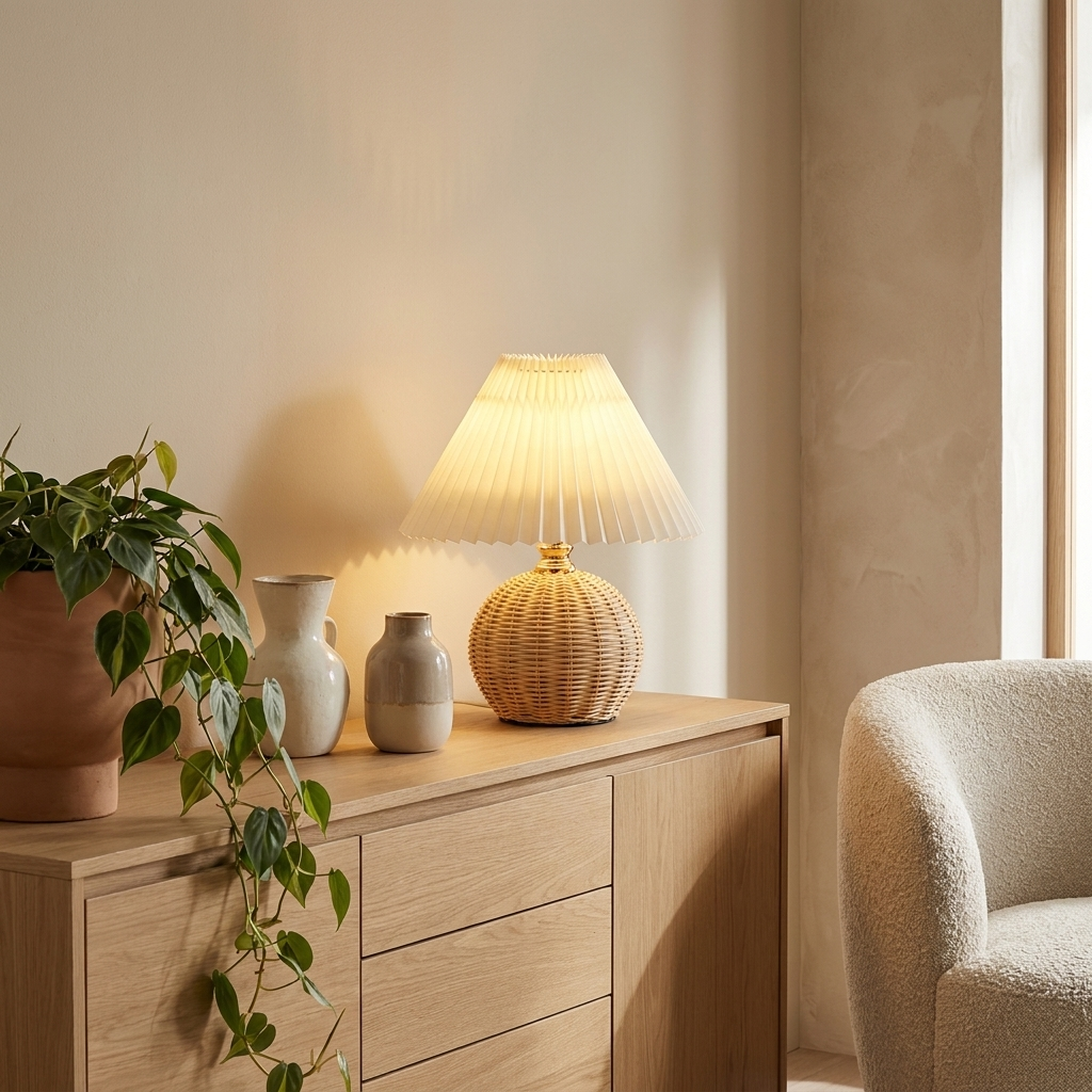 Vionna Rattan Pleated Cone LED Table Lamp Cordless Dimmable Light for Bedroom