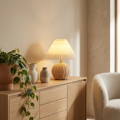 Vionna Rattan Pleated Cone LED Table Lamp Cordless Dimmable Light for Bedroom
