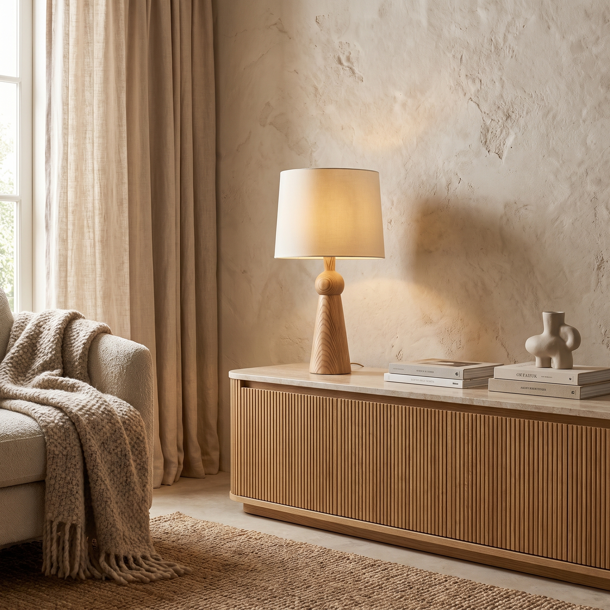 Velaris Modern Fabric Wood Table Lamp Warm E27 Glow for Bedroom and Living Room