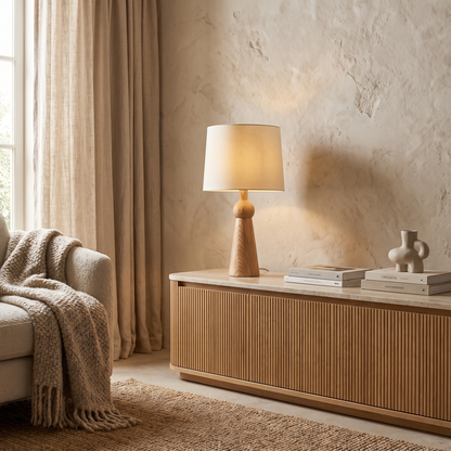Velaris Modern Fabric Wood Table Lamp Warm E27 Glow for Bedroom and Living Room