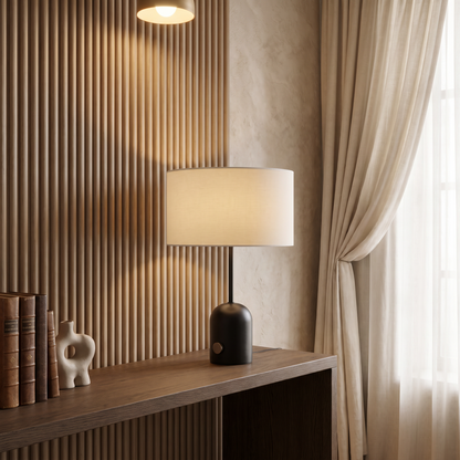 Rivelle Modern Marble Fabric Table Lamp with Warm Glow for Living Room Console Styling