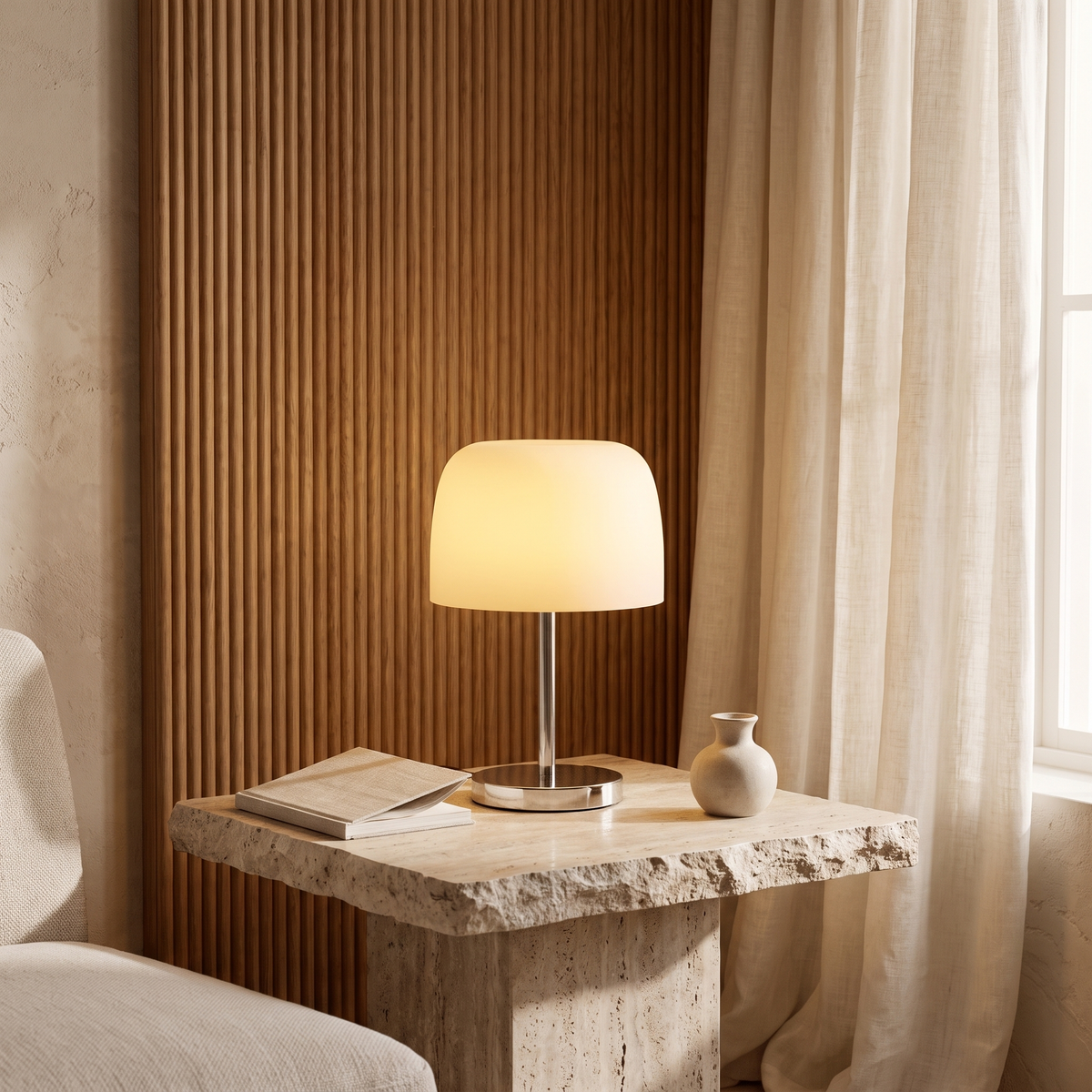 Fiorente Mid Century Glass Table Lamp with Warm to Cool White Glow for Living Room Accents
