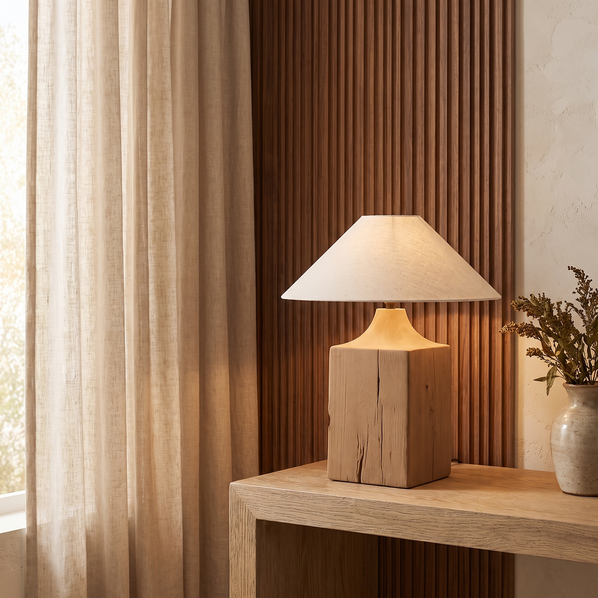 Lavelle Boho Fabric and Wood Table Lamp with Warm Glow for Living Room Console Styling