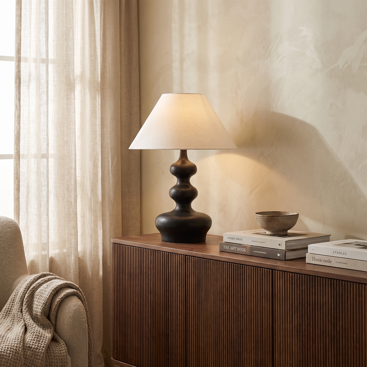 Xanthe Boho Fabric Wood Table Lamp with Replaceable E27 Bulb for Bedroom Reading