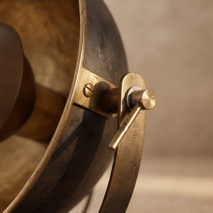 Macro detail of the Castellane table lamp brass element meeting its iron structure