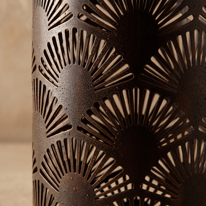 Close-up of Lucerna garden light weatherproof bronze metal cutwork pattern